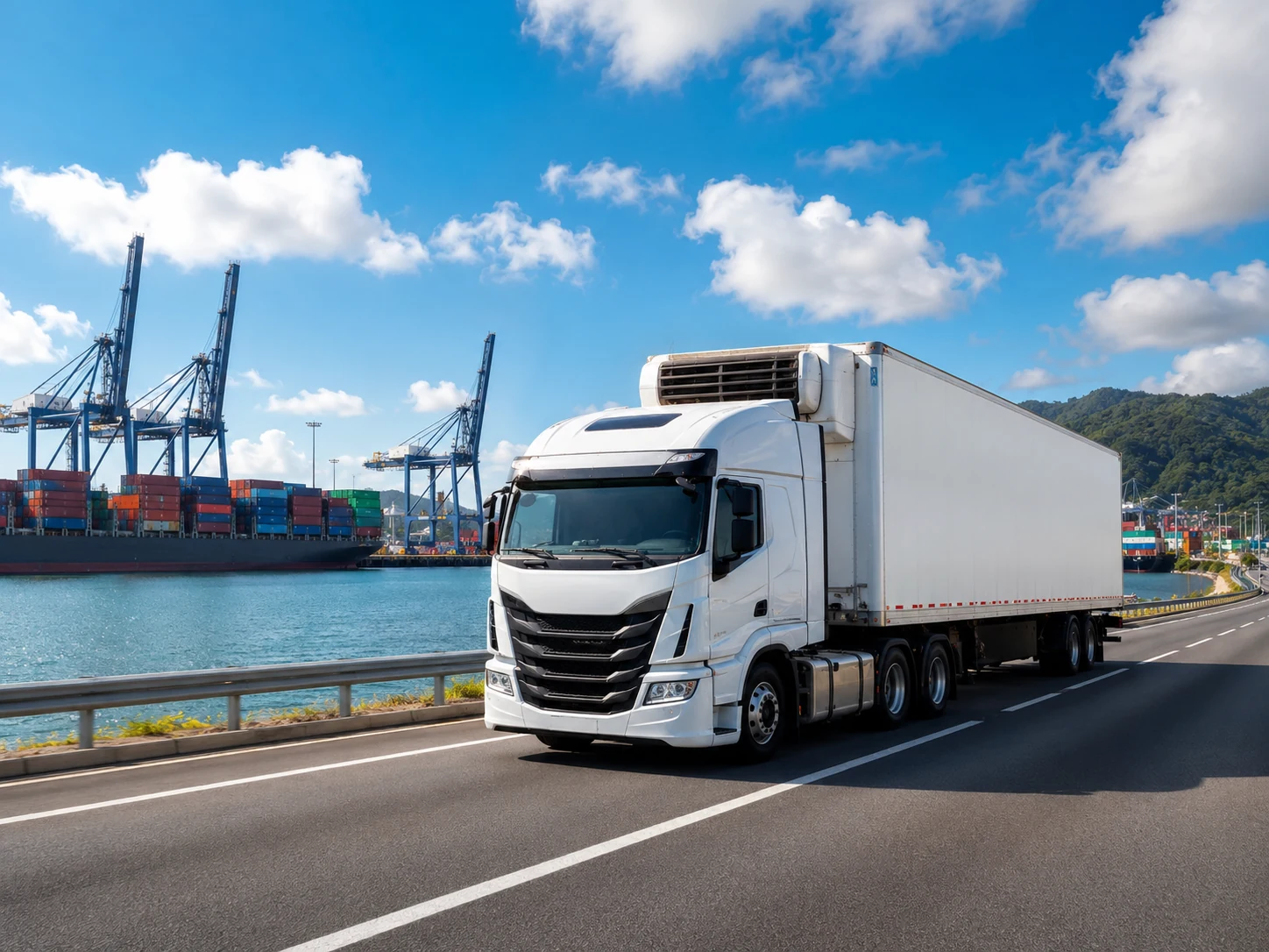 Camión refrigerado de B&B Logistic en una ruta logística junto al área portuaria de Panamá